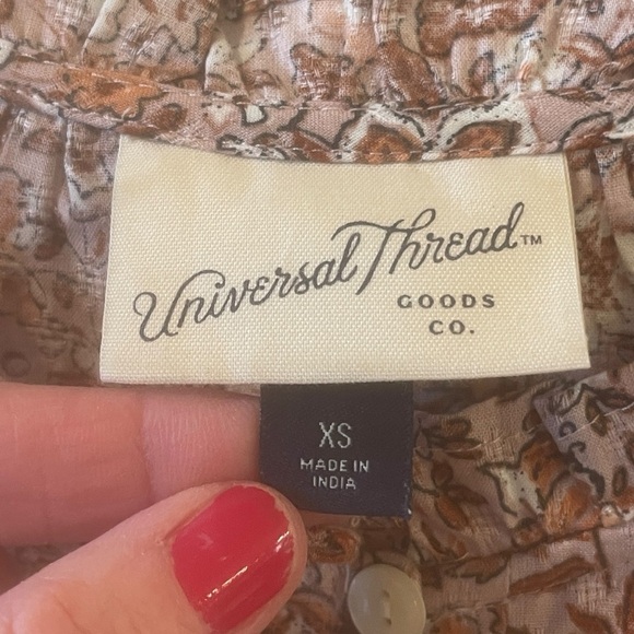 Universal Thread Floral Tan Pink Ruffle Long Sleeve Shirt Size XS Oversized - Picture 7 of 8